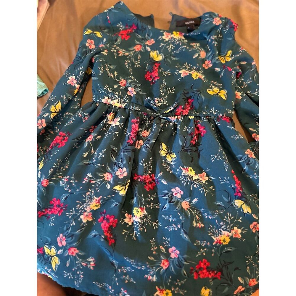 Nautica Girls Floral Knee Length Dress Blue Long Sleeve Size 5 Spring